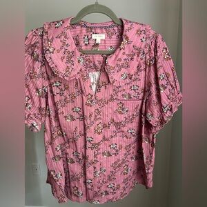 Pilcro Pink Blouse with Puff Sleeves and Peter Pan Collar